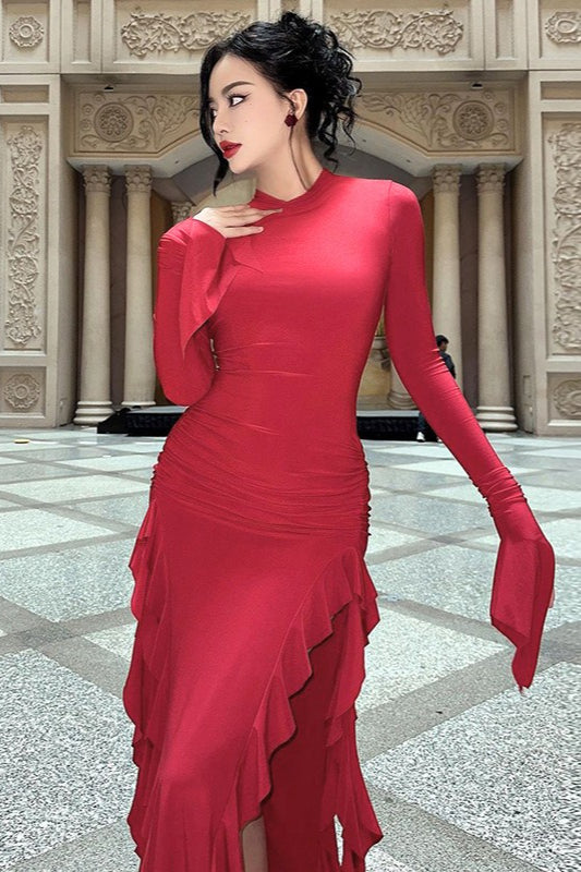 Crew Neck Ruched Long Sleeve Integrated Glove High Slit Ruffle Trim Maxi Dress