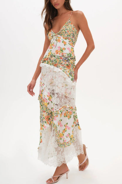 Fashionable Floral Print Lace Patchwork Hollow-out Slim Fit Vacation Ruffle Maxi Dress