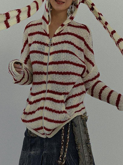 Rabbit Ear Styling Hooded Stripe Cardigan