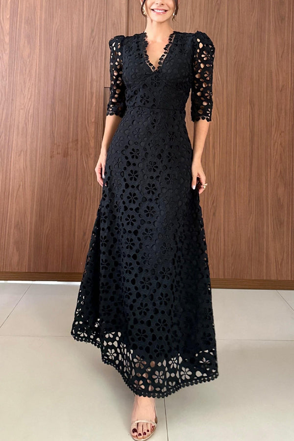 Floral Eyelet Lace V-Neck Scalloped Half Sleeve A-Line Maxi Dress