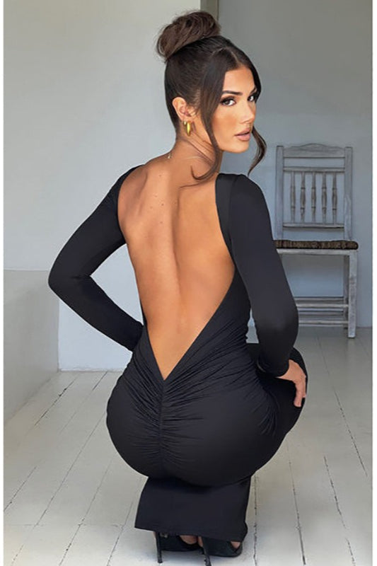 Backless Long Sleeve Ruched Mermaid Formal Gown
