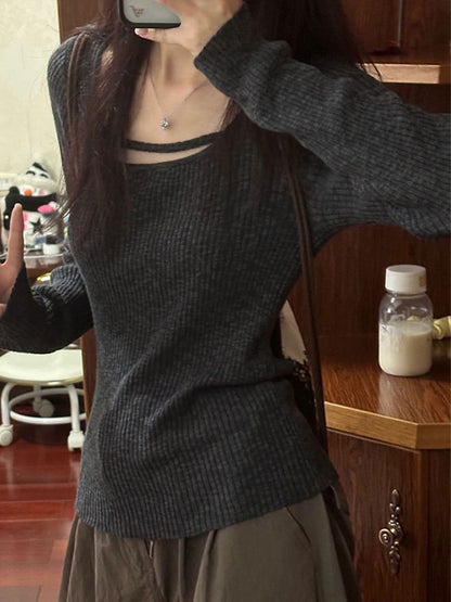 Solid Rib Slim Long Sleeve Knit