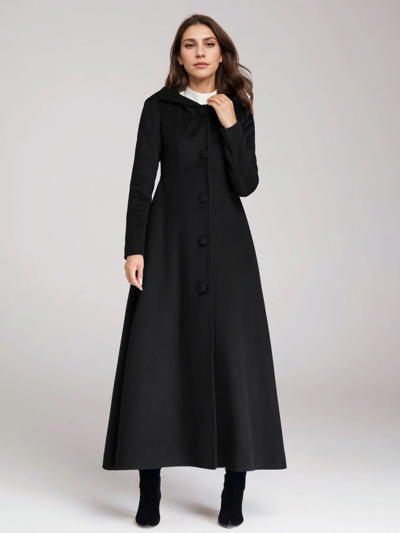 Wool Blend Coat With Hood Dark Navy A-line Flared Maxi Outerwear For Women 2026