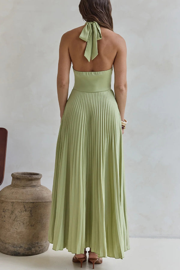 Solid Color Halter Neck Hollowed-out Casual Pleated Holiday Maxi Dress