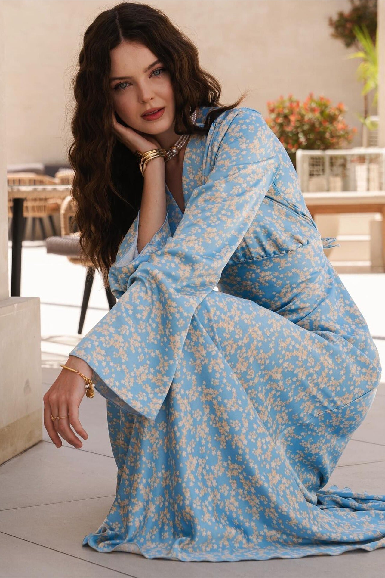 Deep V Neck Bell Sleeve Scattered Floral Satin Maxi Gown
