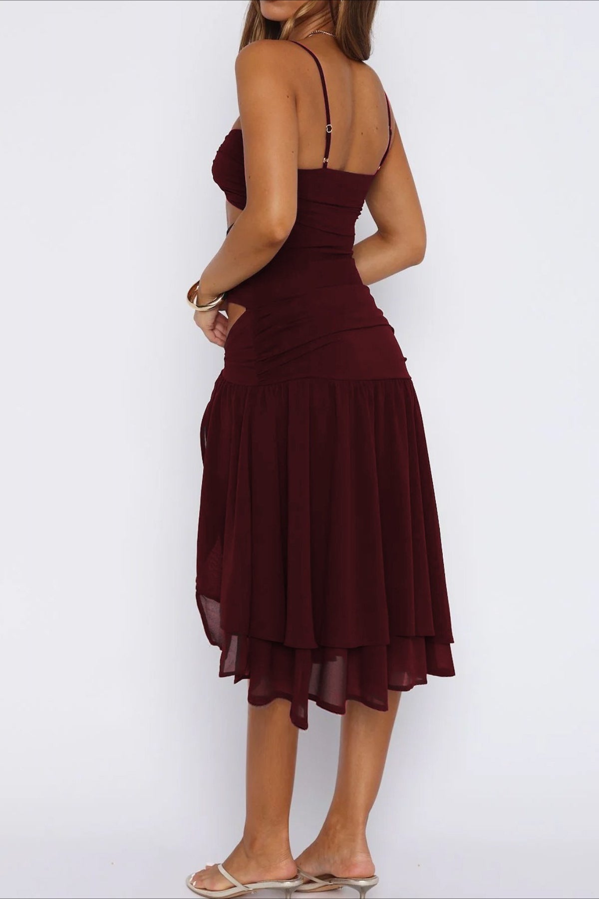 Spaghetti Strap Sweetheart Twist Cutout Mesh Overlay High Slit Midi Dress