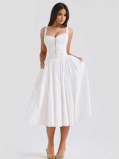 White Corset Dress Cutout Wide Strap Lace Trim Backless Cottagecore Midi Dresses