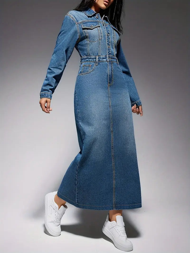 Denim Button-Front Chest Pocket Belted Column Maxi Dress