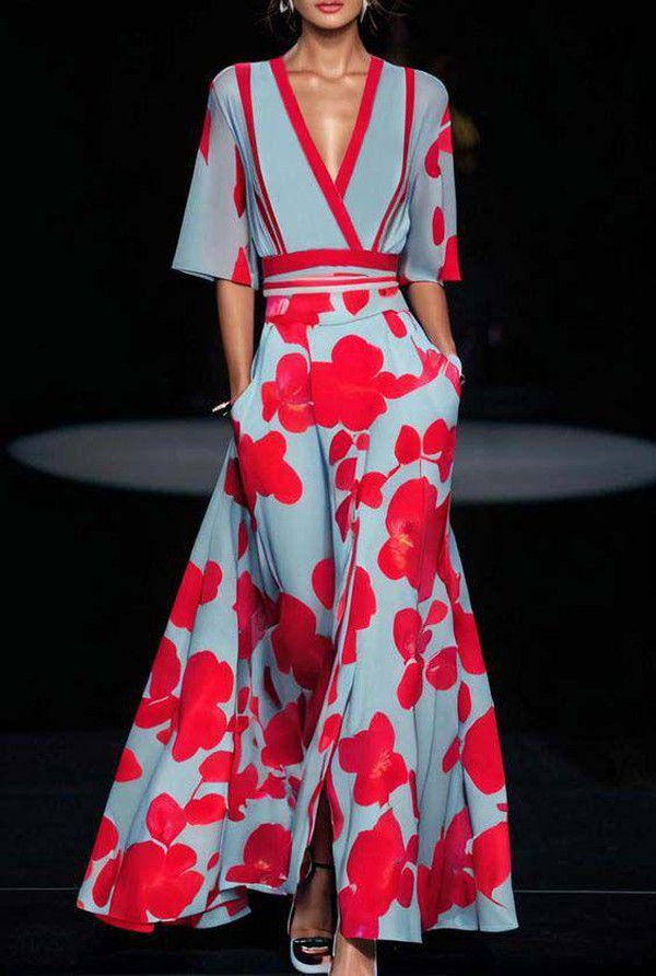 Bold Floral Print Kimono Sleeve Wrap Top Wide-Leg Pants Set