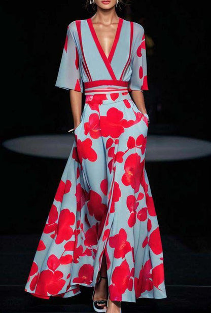 Bold Floral Print Kimono Sleeve Wrap Top Wide-Leg Pants Set