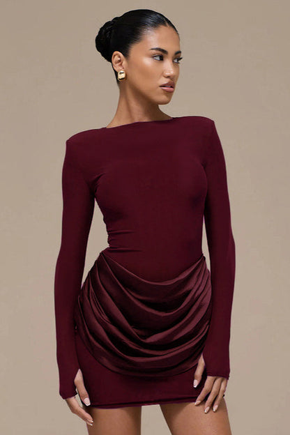 Boat Neck Padded Shoulder Long Sleeve Draped Satin Hip Overlay Bodycon Mini Dress