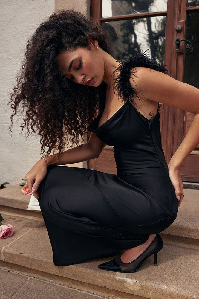Cowl Neck Feather Strap Satin Bodycon Maxi Dress