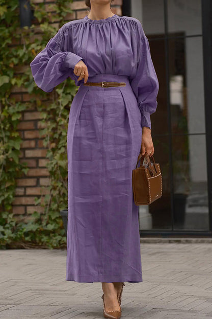Solid Color Round Neck Long-sleeved Pleated Shirt and Elegant Maxi Skirt Set