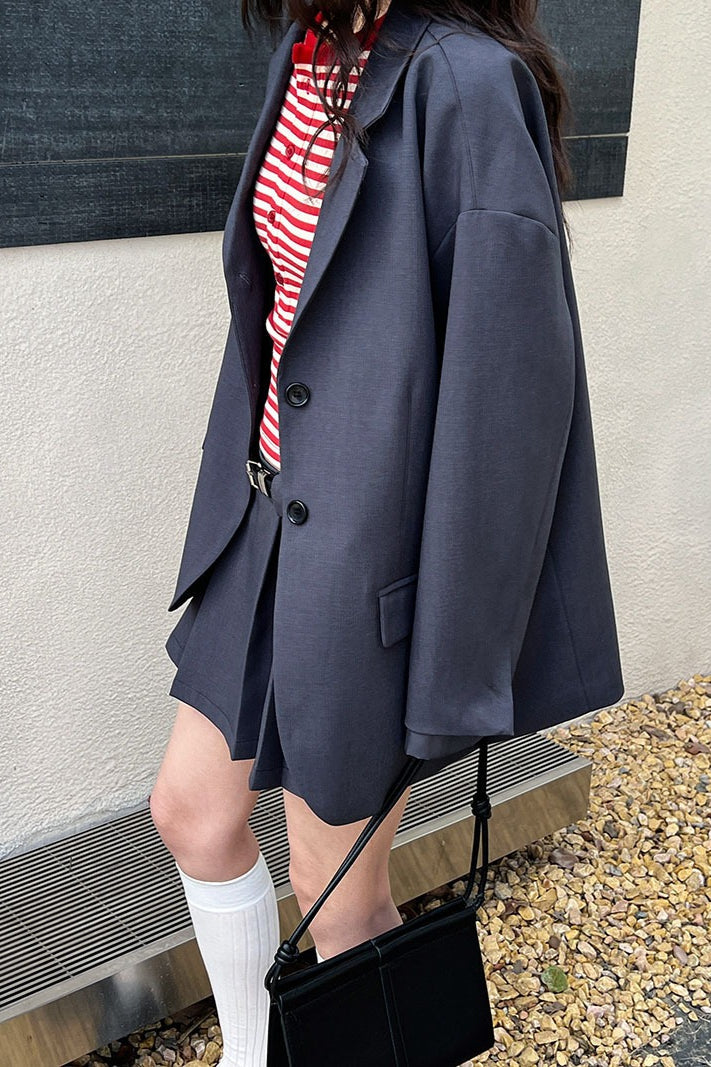 Contrast Sleeve Blazer Pleated Midi Skirt Set