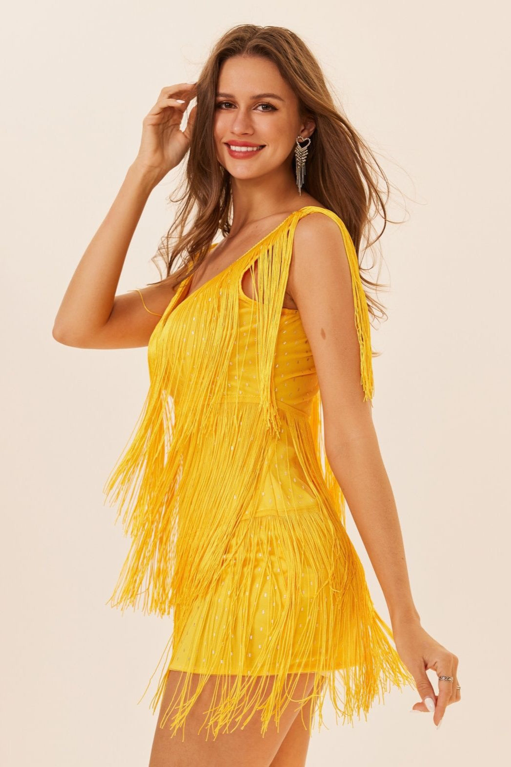 Sequin Tiered Fringe Deep V-Neck Sleeveless Mini Dress