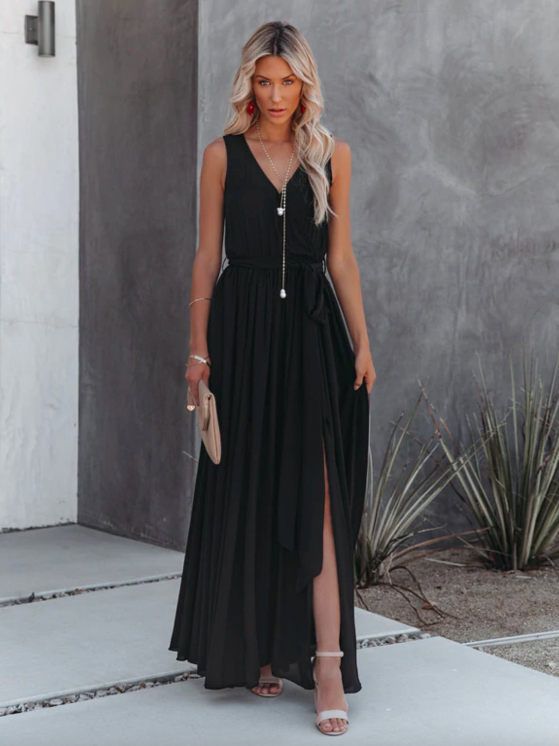 Minimalist Maxi Dress for Women - Black Sleeveless V Neck Side Split Belted Boho Dress - Summer Beach Party 2026