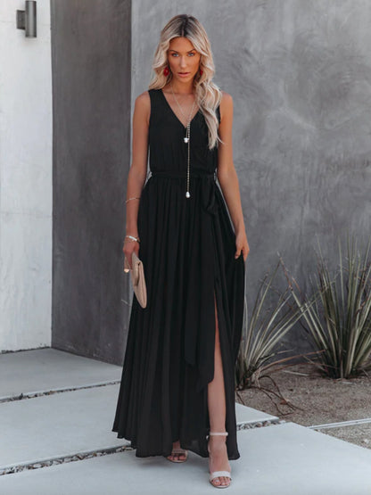 Minimalist Maxi Dress for Women - Black Sleeveless V Neck Side Split Belted Boho Dress - Summer Beach Party 2026