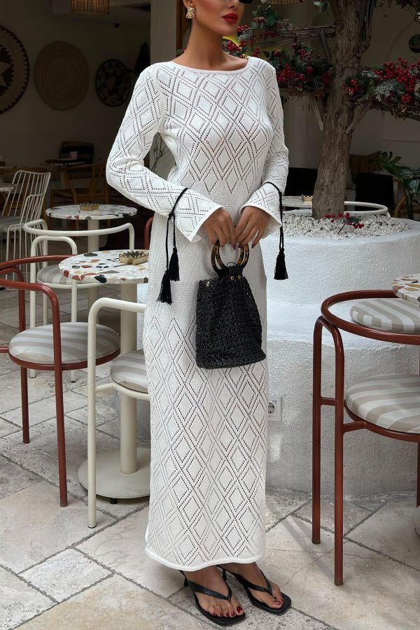 Solid Color Long-sleeved Tie Slim-fit Knit Openwork Cover-up Maxi Dress