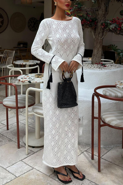 Solid Color Long-sleeved Tie Slim-fit Knit Openwork Cover-up Maxi Dress
