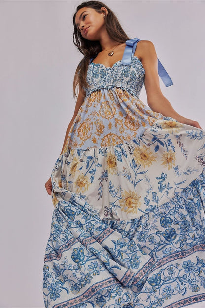 Smocked Tie Shoulder Bow Tiered Patchwork Floral Print Maxi Dress