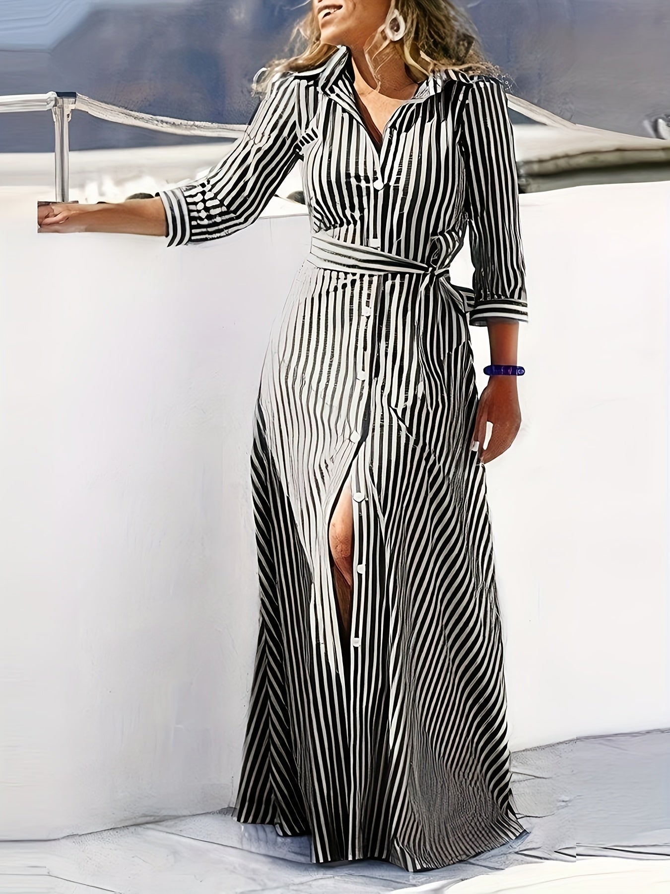 Marble Print Long Sleeve Belted Button Front Shirt Maxi Dress