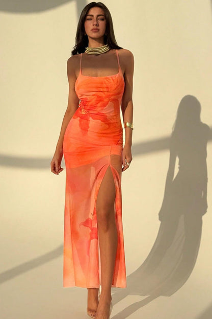 Square Neck Spaghetti Strap Ruched Floral Mesh High Slit Maxi Dress