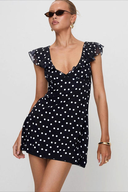 Polka Dot Deep V-Neck Flutter Sleeve Ruffle Trim Bodycon Mini Dress