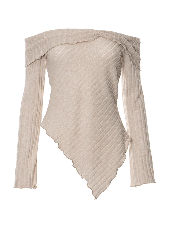 Solid Off Shoulder Fungus Irregular Hem Long Sleeve Knit