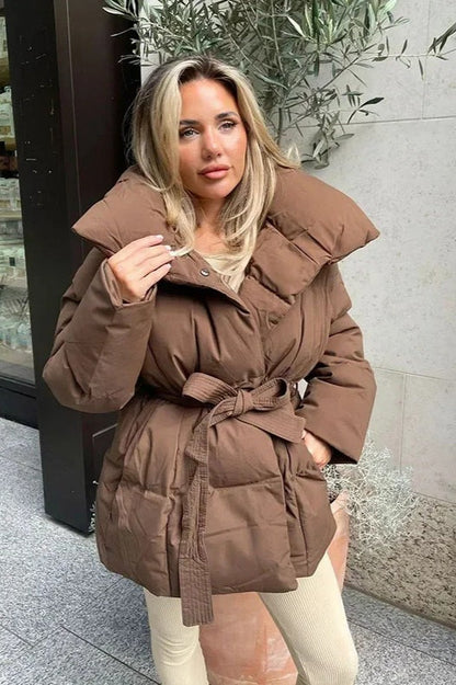 Oversized Solid Color Belted Puffer Jacket