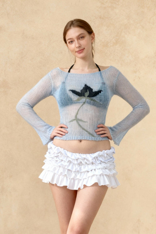 Floral Extended Sleeve Cropped Mesh Knit Sweater Top Women