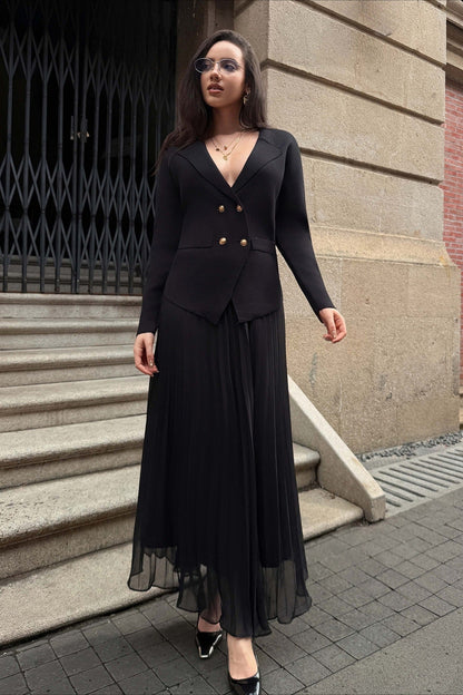 V Neck Double Breasted Knit Blazer Pleated Skirt Set