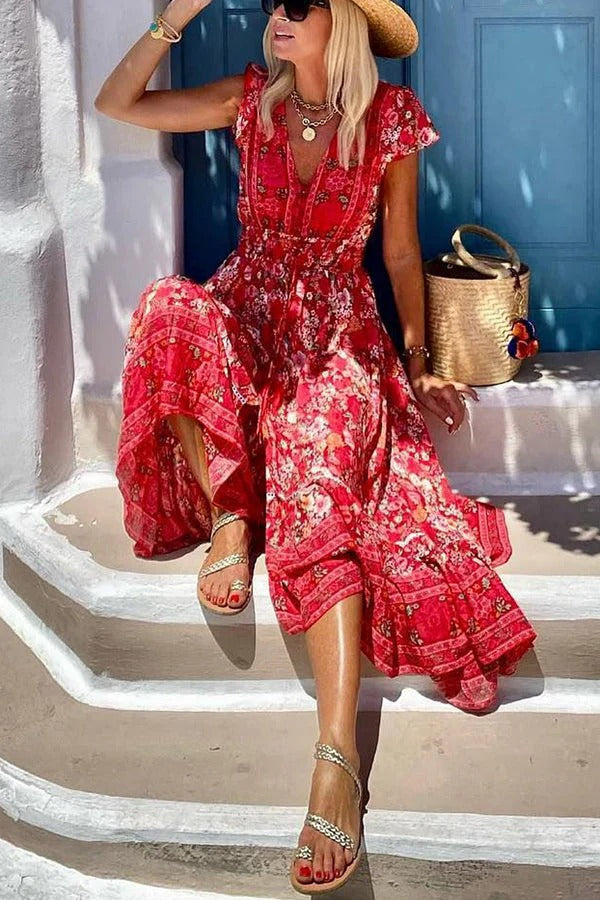 Boho Print V-Neck Ruffle Cap Sleeve Elastic Waist Tiered Maxi Dress