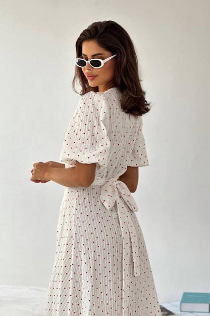 Heart Print Puff Sleeve Wrap V-Neck Front Slit Midi Dress