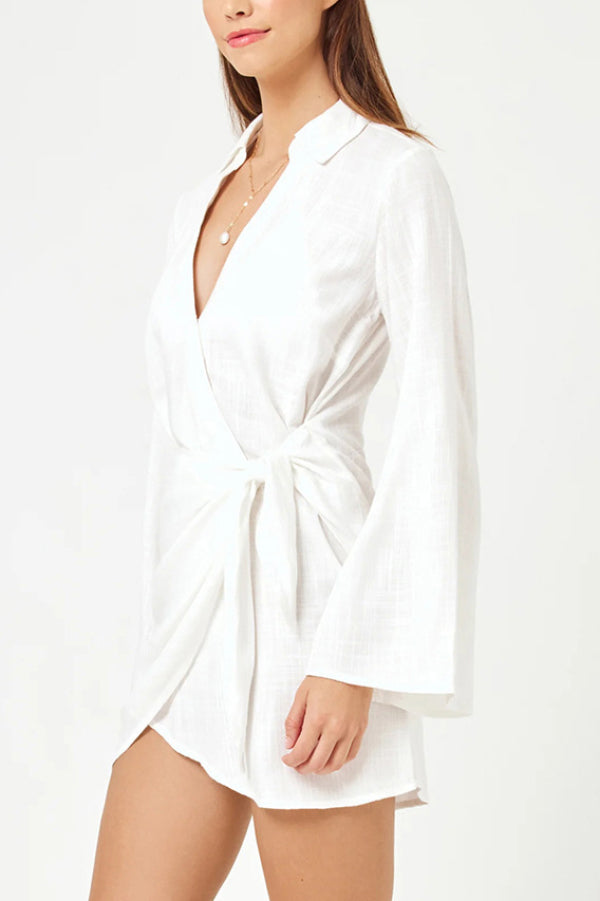 Solid Color Casual Long-sleeved V-neck Tie Waist Mini Dress