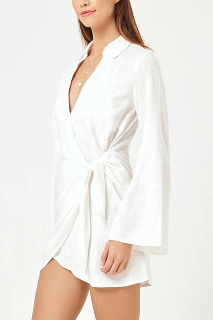 Solid Color Casual Long-sleeved V-neck Tie Waist Mini Dress