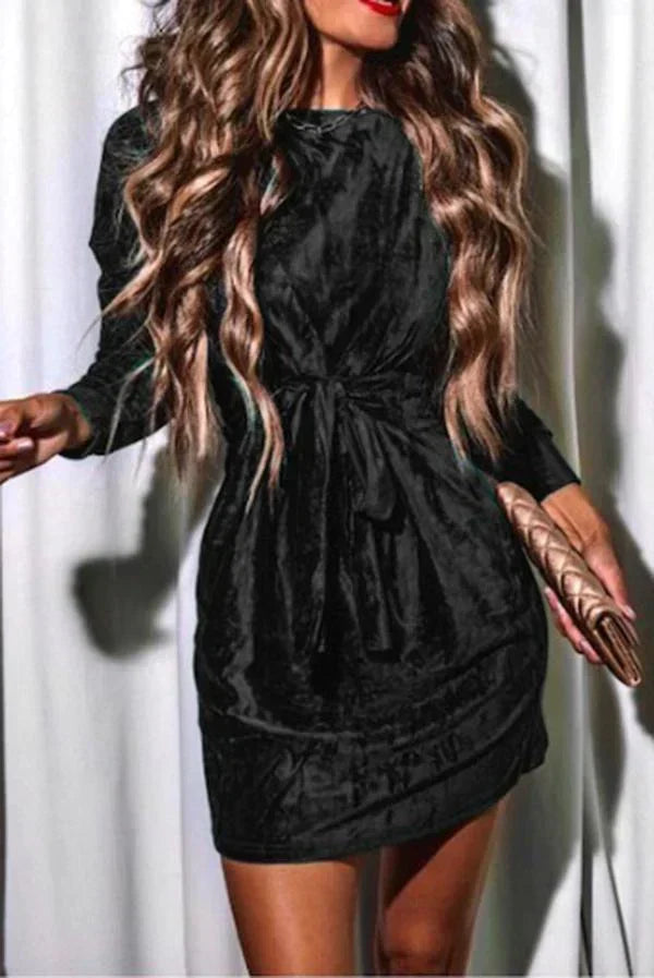 Crew Neck Tie Front Knot Crushed Velvet Long Sleeve Mini Dress
