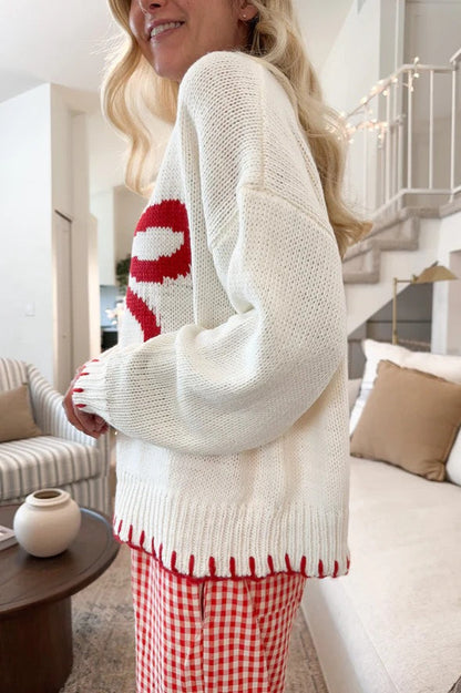 Slouchy Bow Jacquard Loose Pullover Sweater