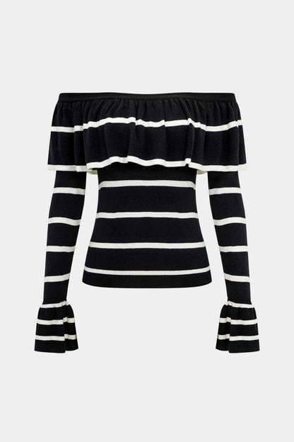 Stripe Ruffle Off Shoulder Bell Sleeve Top
