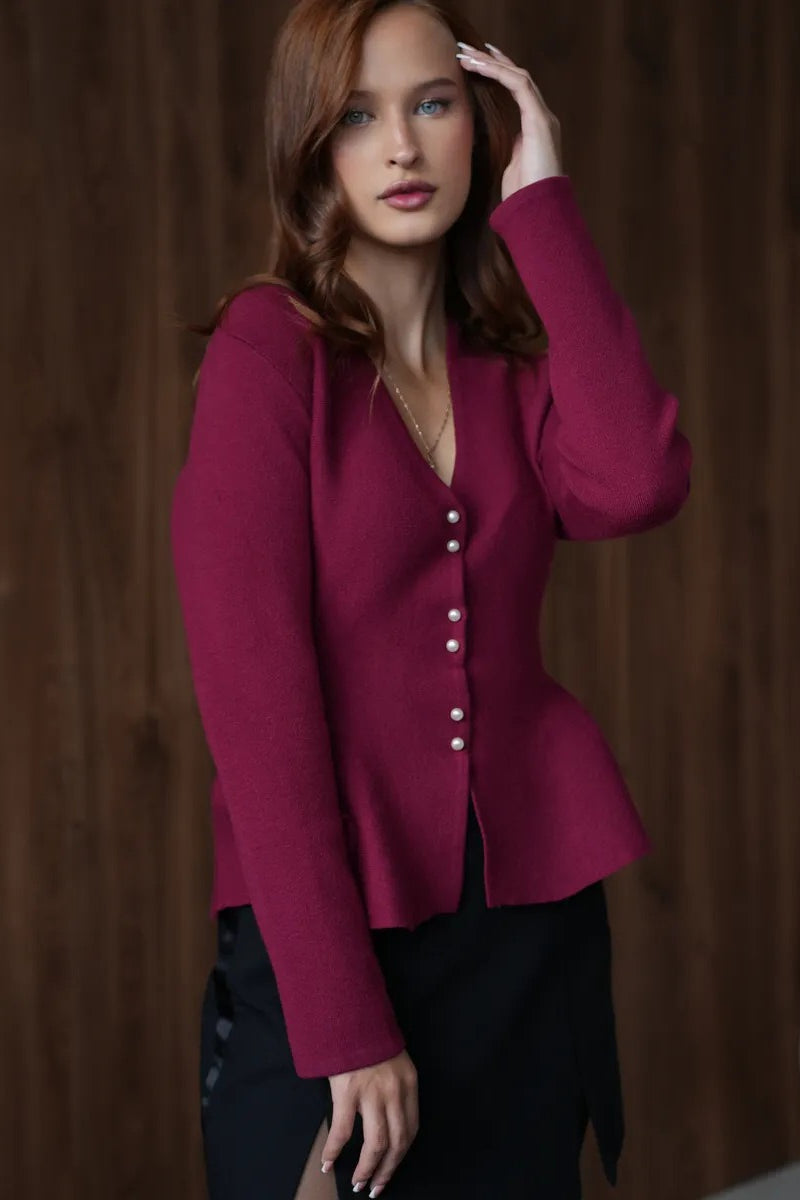 Solid Fitted Ruffled Hem Long Sleeve Knit Cardigan