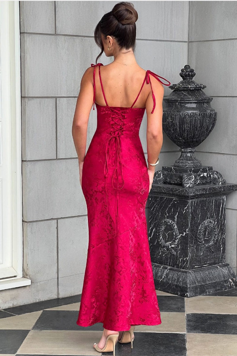Tie-Shoulder Jacquard Floral Mermaid Maxi Formal Gown