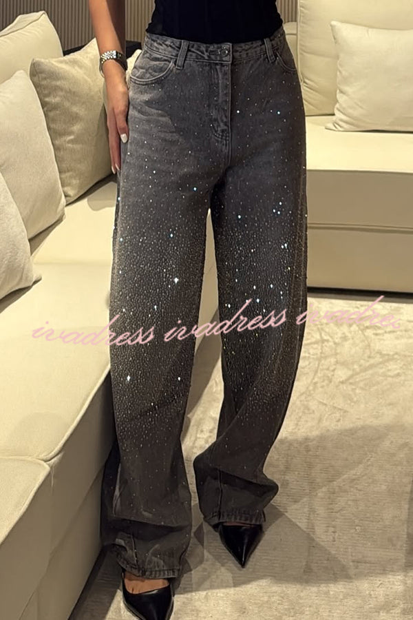 Fashion Star Rhinestone High Rise Casual Pocket Straight Loose Jeans