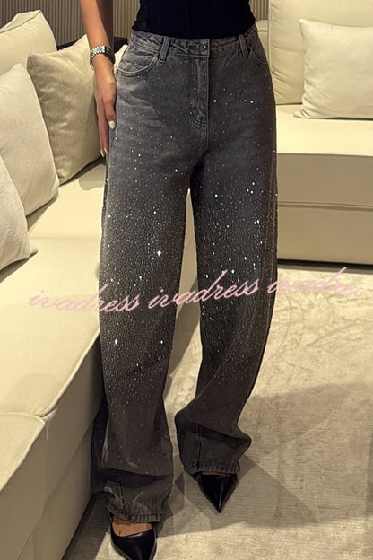 Fashion Star Rhinestone High Rise Casual Pocket Straight Loose Jeans