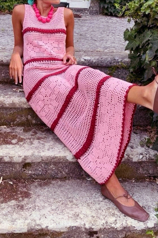 Hollow Knit Contrast Tank Sweater Dress