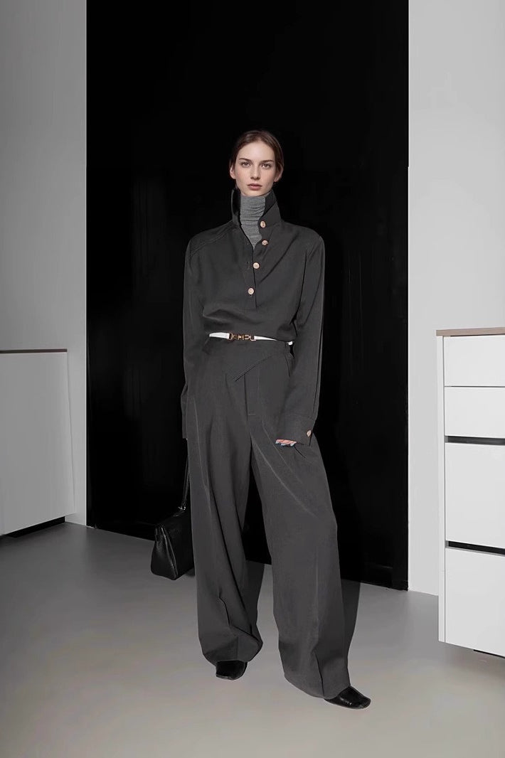 Petite Contrast Elastic Waist Shirt Wide Leg Pants Two Piece Set