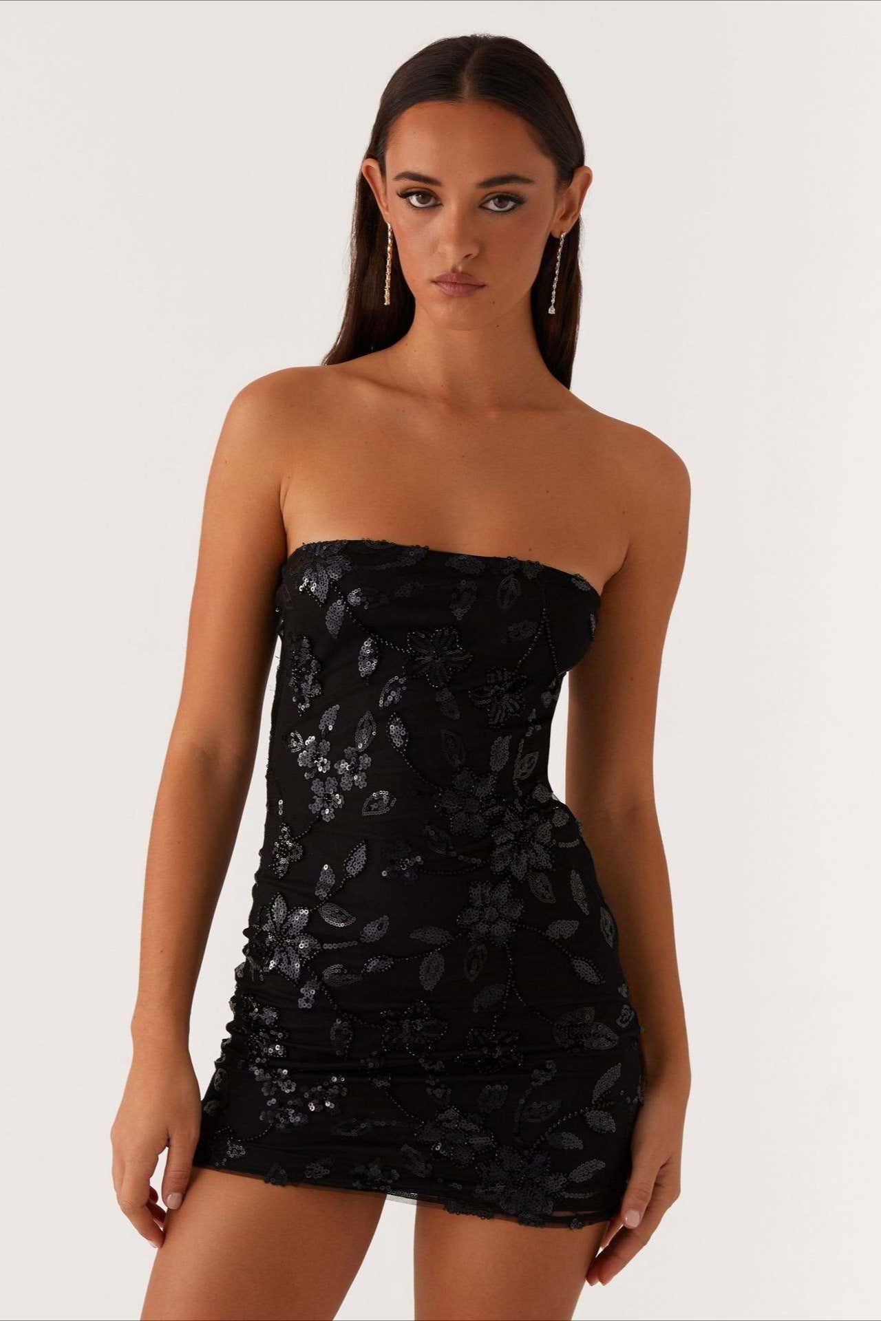 Strapless Floral Embroidered Sequin Mesh Ruched Bodycon Mini Dress