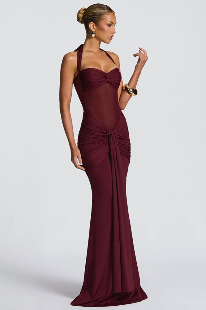 Halter Sweetheart Ruched Mesh Panel Cutout Front Drape Maxi Dress