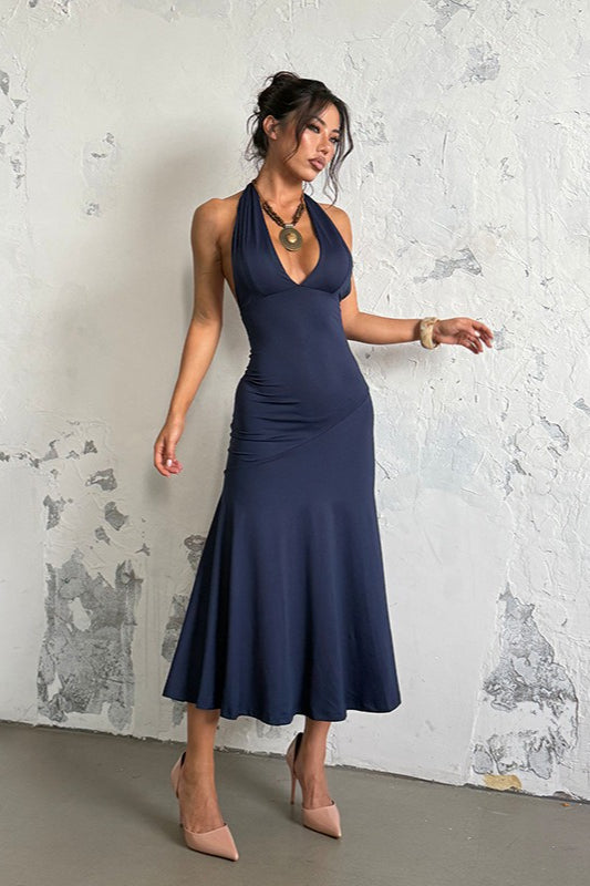 Halter Deep V Neck Backless Ruched Waist Mermaid Hem Maxi Dress