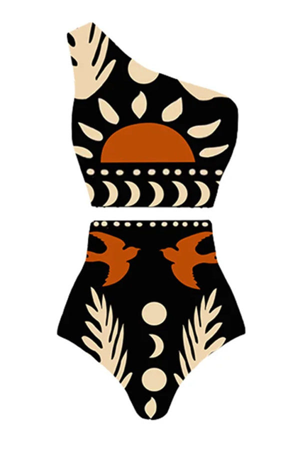 Abstract Art Birds and Sun Print Color Block High Waist Bikini Skirt Set