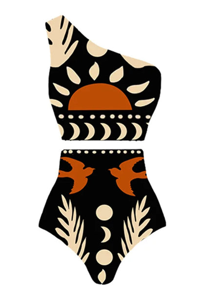 Abstract Art Birds and Sun Print Color Block High Waist Bikini Skirt Set