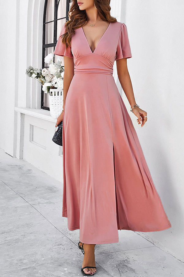 Deep V-Neck Flutter Sleeve Ruched Waistband High Slit Maxi Dress